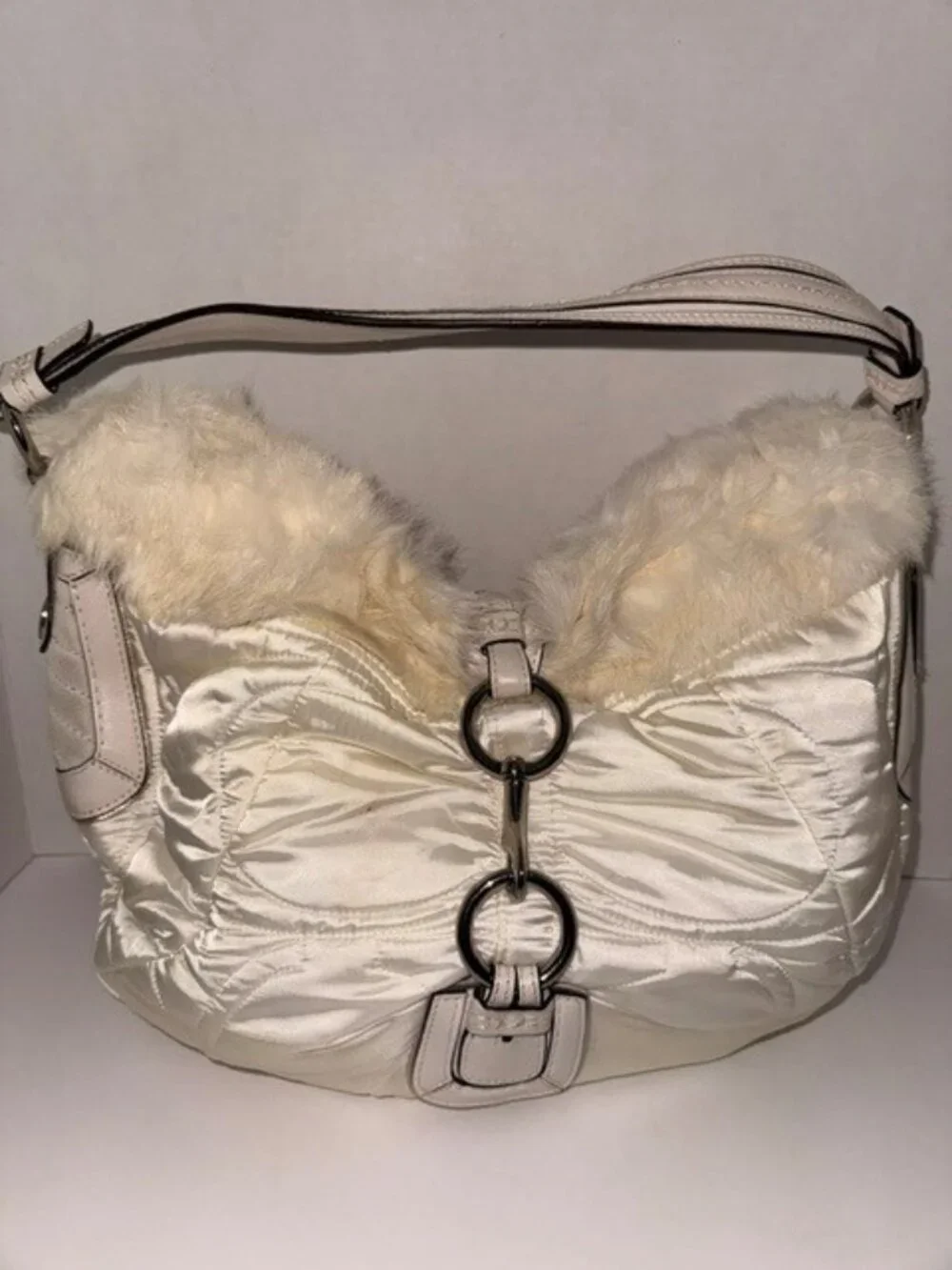 🤍 Authentic Coach White Satin & Faux Fur Hobo Bag